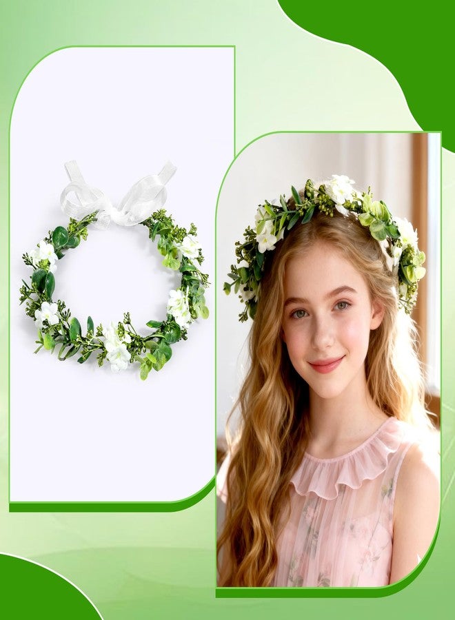 Aeaocvo Flower Crown for Women and Girls, Boho Floral Headpiece with Ribbon, Green & White Floral Crown Wreath for Wedding Ceremony Party Festival Photo Prop - Image 4
